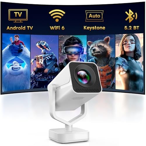 Mini Beamer with Bullet-in Android OS, Auto Trapezkorrektur, Tragbarer Heimkino Projektor, Full HD 1080P Unterstützt, Bluetooth WiFi6, Portable Smart Videoprojektor für Phone/TV Stick/Outdoor/Laptop