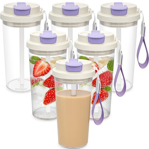 LYCN 6 Pack Plastic Water Bottles, 20 oz Clear Flip Top Sports Water Bottle Iced Coffee Glasses Mason Jar Cups with Lids and Handle for Juice Smoothie Soda Tea