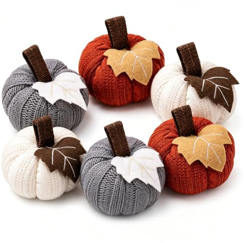6 Stück Herbstdeko Kürbis Gestrickte Zierkürbisse für Tisch & Halloween | Herbstliche Kürbisdeko, Wiederverwendbar Weich Gestrickt Kürbisse, 3 Farben im Set, Für Tischdeko & Fenster
