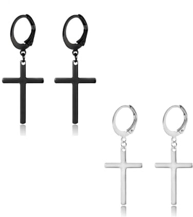 XENQITO 2 Paar Herren Unisex Creolen Edelstahl Klassisches mit Kreuz Anhänger Ohrclips, Ohrringe Set Edelstahl, Ohrstecker Kleine Creolen Kreuz, Hypoallergen Ohrstecker Chirurgenstahl für Männer Damen