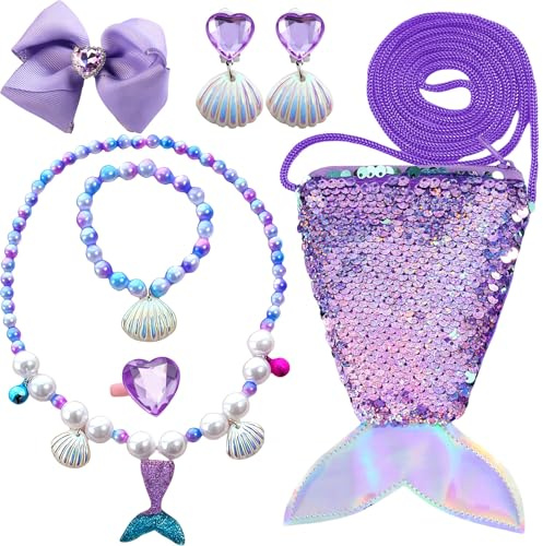 GWAWG 7 Stück Meerjungfrau Kinder Schmuckset Mädche Kinderschmuck Enthalten Halskette Ringe Armbänder Ohrring Schleife Meerjungfrauenflosse Mädchen Tasche für Party Dress Up Geschenk Mädchen ab 3 Jah