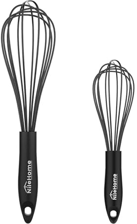 NileHome Silicone Whisk Set 8 10 Kitchen Whisk Kitchen Wisk Wire Whisks for Cooking, Whisking, Blending, Beating, Stirring-Black