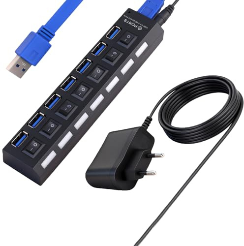 Hub USB Alimentado 3.0, Concentrador USB de 7 Puertos con Fuente de Alimentación y Puerto de Carga Rápida 2.4A, Interruptores Individuales, Cable 60cm para PC, Portátil, Discos Duros Externos