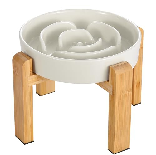 Gamelle Anti-Glouton Surélevée pour Chien - Bol en Céramique avec Support en Bambou - Idéale pour Chiens Moyens et Grands - Blanc Lait - 21,3 cm