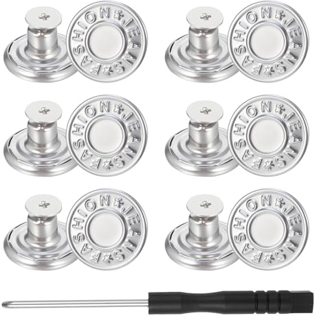 12 Pack Replacement Jeans Buttons, 17mm No Sew Nailess Removable Metal Buttons Adjustable Button for Jeans Metal Jean Button Replacement Repair Kit with Combo Thread Rivets and Screwdrivers
