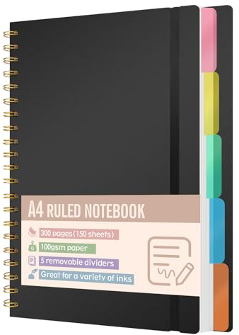 Xnegau Notizbuch A4 Liniert mit 5 Registern, 300 Seiten, 100 g/m² Papier | Spiral Notizblock mit versetzbaren Trennblättern, PP-Einband und Doppelspirale für Schule, Uni, Büro und Projekte