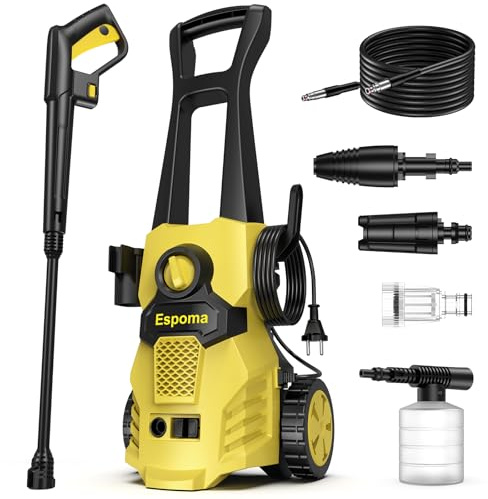 Espoma Hidrolimpiadora de Alta Presión, 120 Bar, Caudal de 380 l/h, área de Trabajo 30 m²/h, Ideal para Hogar, Jardín y Coche –Incluye Manguera de 7m, Bomba de Aluminio, Radio de Acción 12m