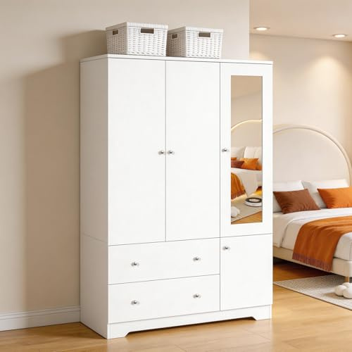 Bonnlo177cm Mirrored Wardrobe,4 Door and 2 Drawer Wardrobes for Bedroom | White Wooden Clothes Storage Cupboards Unit with Hanging Rail,Modern Design Freestanding Wardrobe for Bedroom Home Use