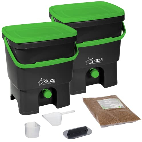 skaza Bokashi Organko Lot de 2 bacs à Compost en Plastique recyclé avec Son Son Bokashi EM 1 kg Noir/Vert