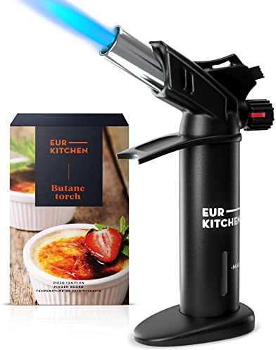 EurKitchen Kitchen Blow Torch Lighter with Gauge- Refillable Butane Torch - Blowtorch for Cooking with Safety Lock, Adjustable Flame, Guard - Creme Brulee Torch - Butane Gas not Included