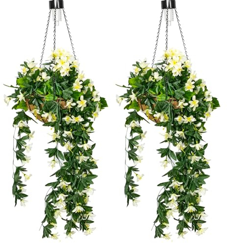Primrose Duranta Artificial Hanging Baskets with Solar Light - 4 Colours (White, Pair)