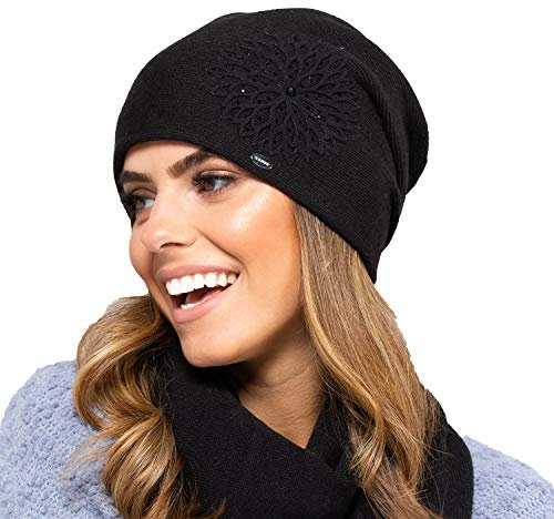 Kamea Saragossa Strickmütze Dame Kopfbedeckung Winter Musterlos Dick Blume EU, Schwarz,Uni