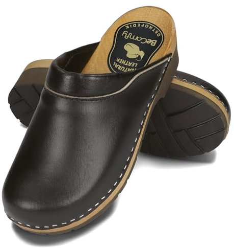 BeComfy Zoccoli da Donna in Pelle con Suola in Legno 35-41 EU (Nero Liscio, Sistema Taglie Calzature EU, Adulto, Numero, Larga, 38)