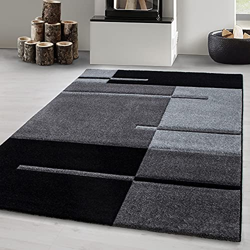 Carpetsale24 Teppich Läufer 80x150 cm – Kurzflor Konturenschnitt in Schwarz Grau – Kariertes Design, Waschbar, Pflegeleicht, Extra Weich – Für Flur, Küche, Schlafzimmer