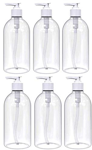 6 x 500ml Clear PET Refillable Clear Transparent Plastic Bottles With Lotion Tops Bottles Conditioner Dispenser Empty Shower Plastic Bathroom Wash Massage Oils Pack of 6