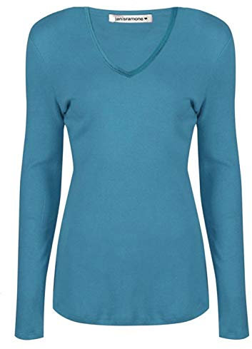janisramone® Womens Long Sleeve Tops, Plain V Neck T Shirts for Women UK, Stretchy Slim Fit Jersey Top, Casual Ladies Long Sleeve T-Shirt, Basic Ladies Tops Teal