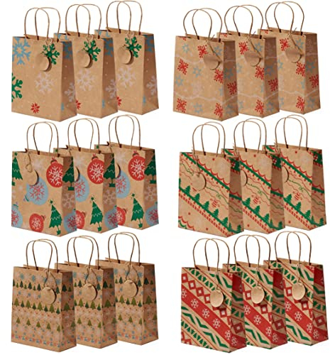 THE TWIDDLERS - 24 Weihnachtspapiertüten, Kleine Papiertüten für Weihnachten aus Kraftpapier mit Griff & Etiketten, Adventskalender Tüten, Weihnachtstüten - Papiertüten Weihnachten - 22 x 18cm