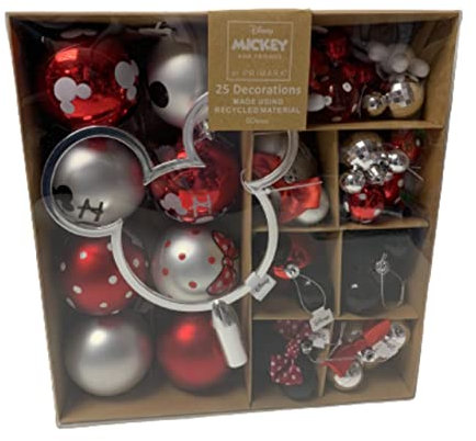 Disney Mickey Mouse Christmas Decoration Pack Of 25 Baubles Red/Multicoloured Hanging Decorations Primark (Red Pack Of 25)