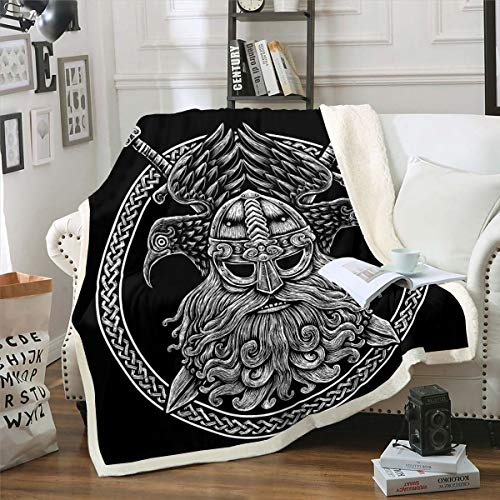 Loussiesd Antike Wikinger Decke 150x200cm Retro Exotische Wohndecke für Kinder Schwarz Weiß Vintage Speer Kuscheldecke Adler Skandinavische Kultur