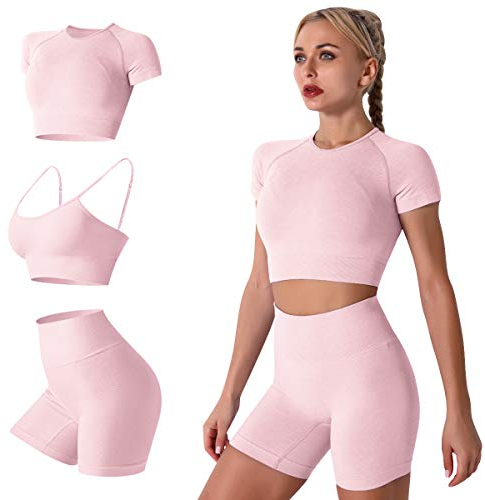IMEKIS Damen 3 tlg Fitness Set Sport-BH mit Crop-Top und Shorts Nahtlose Yoga Kleidung Fitness Workout Outfit Frauen Slim Fit Sommer Biker Activewear Laufanzug Rosa M