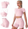 IMEKIS Damen 3 tlg Fitness Set Sport-BH mit Crop-Top und Shorts Nahtlose Yoga Kleidung Fitness Workout Outfit Frauen Slim Fit Sommer Biker Activewear Laufanzug Rosa M