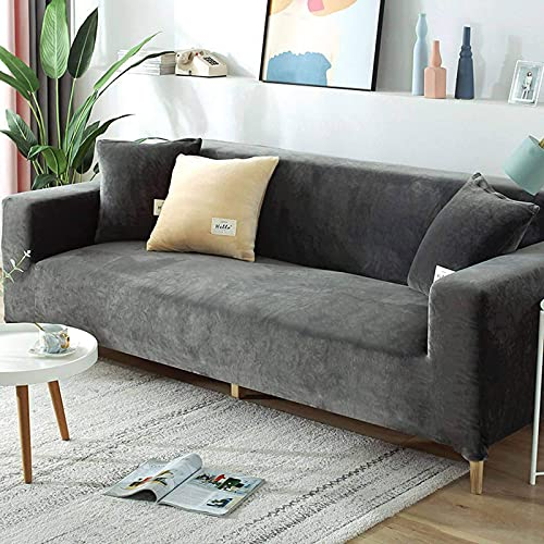 Samt-Sofabezug für 2-, 3-, 4-Sitzer, weicher Plüsch-Sofaschutz, Stretchbezug für Sofa und Armlehnen, wasserabweisend, Möbelschutz, Grau, 3-Sitzer, 190-220 cm