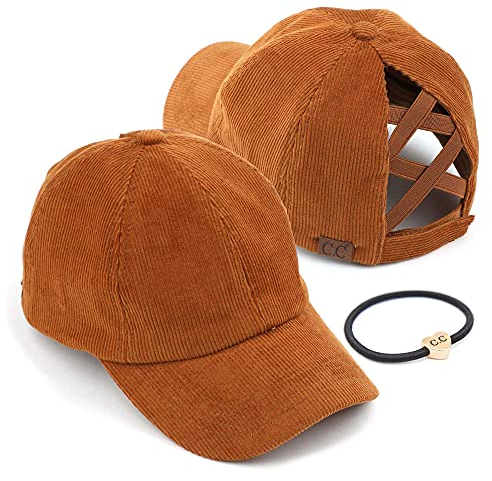 C.C BT-791 Baseballkappe, verwaschenes Design, Baumwolle, Denim, Criss-Cross Pferdeschwanz-Hut, BT-780, camel, Einheitsgröße