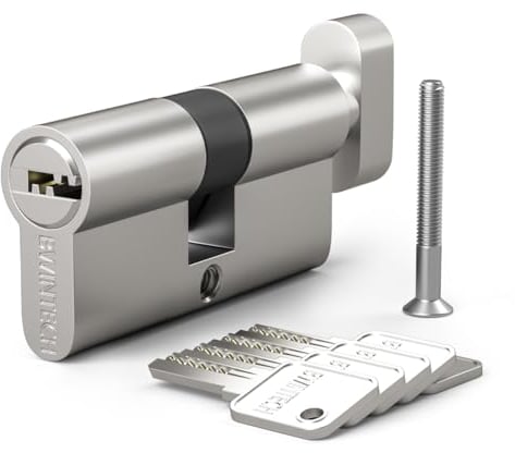 Bwintech 1 pieza 30T/30mm Euro Latón Cilindro, 60mm Thumbturn/Key Barrel Lock con 5 llaves de latón horizontales, tiene antirrobo, antiperforación, antigolpes, antigolpes, níquel satinado