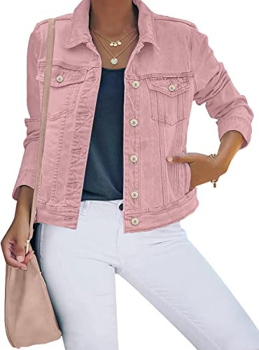 Roskiky Veste en jean, extensible, style camionneur, à manches longues, avec poche, pour femme, Rose, XL