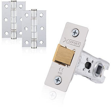 XFORT Polished Chrome Tubular Latch Door Accessory Pack, Includes 65mm Polished Chrome Tubular Latch and Matching 75mm Ball Bearing Hinges, for Internal Wooden Doors.