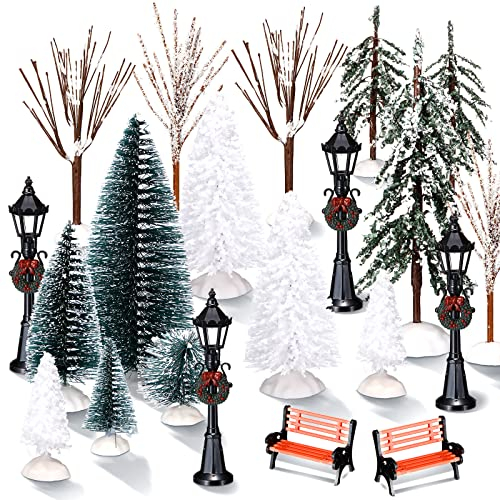 Aoriher 28 Pièces Set de Mini Arbre de Noël Artificiel Pins de Noël Givrés Arbres du Village Couverts de Neige, 4 Pièces Lampadaire de Noël et 2 Pièces Banquette de Parc Miniature pour Décorations
