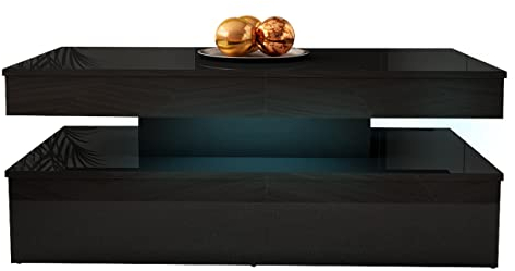 Mirjan24 Couchtisch Serkuzo 120, Sofatisch mit Blauer LED-Beleuchtung, Tee Tisch, Kaffeetisch, Wohnzimmertisch, Beistelltisch (Schwarz/Schwarz Hochglanz)
