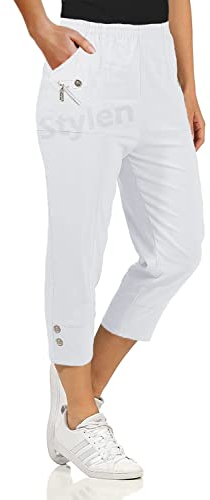 URBAN STITCH Womens Capri Trousers Ladies Three Quarter Soft 3/4 Cropped Pants UK Ladies Stretch Pull on Trousers Elasticated Waist Plus Size Summer Shorts (14, White)