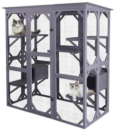 Large Cat House Outdoor Walk in Wooden Cat Enclosure Indoor Cat Cage Kitty Condo Playpen with Large Door, Platform & Small House