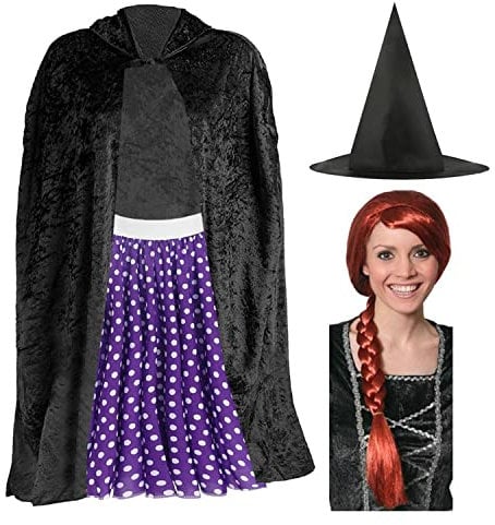 Adult’s Room on the Broom Set - Standard - Black Velour Cape, Purple Polka Dot Skirt, Witch Hat and Auburn Wig - Perfect for World Book Day School Book Day Fancy Dress