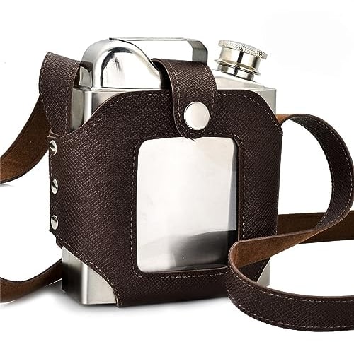 Edelstahl Flachmann mit braunes Leder, 18OZ Hip Flask mit Trichter, Vatertagsgeschenk Flachmann Whisky, Geschenk für Männer, Outdoor Flachmann für Wandern Hochzeit Camping Klettern Picknick