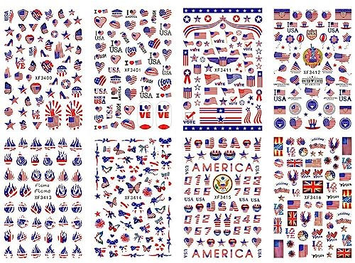 Fituenly 8pcs / Set 4 Juillet Stickers Nail Art USA Flag Sticker Nation National Nail Sticker DIY Manucure Décalages Américaine Indendendence Nail Art