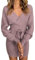 Vestito Maglioni Donna Abito Casual a Maniche Lunghe Invernali Elegante Abito in Maglia Scollo a V Pullover Elasticizzato Mini Abito con Cintura Autunno Inverno,Viola Chiaro,XL
