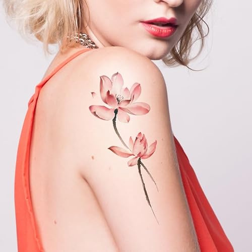 3 pcs Tatuaggi Temporanei Di Loto Del Vento Cinese Con Inchiostro Rosa Duraturo Adesivo Per Tatuaggio Con Motivo Di Loto Impermeabile Femminile