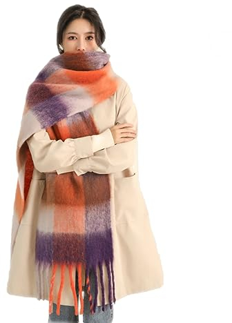 Damen Schal, Kariert übergroßer Winter SchaltuchKaro Schultertuch Plaid Deckenschal Modeschal Weich Warm Strickschal Oversized Herbstschal Warme Winter Stola mehrfarbig,Orange