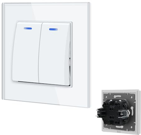 BSEED Lichtschalter Unterputz mit Steckklemme, Lichtschalter Glas 2 Fach 1 Weg, Taster Schalter Unterputz mit LED Kontrollleuchte, Light Switch Wandschalter für Wohnzimmer, Büro, Küche-Weiß