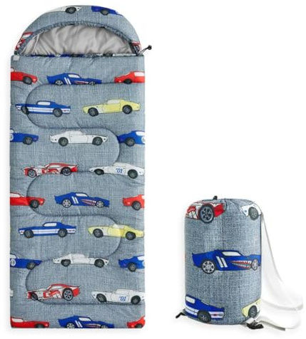 Wake In Cloud - Kids Sleeping Bag for Boys Toddlers, Camping in Warm Cold Weather, Backpacking Lightweight Compact Outdoor Liner for 3 Seasons, Race Cars Vehicles, Gray