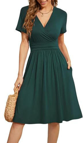 Actcat V-Ausschnitt Kleid Kurzarm Casual Kleider Sommerkleid mit Taschen | mit Taschen,Wrap,Elegant,a linie,Freizeitkleid,Floral Kleid