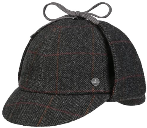 LIERYS Deerstalker Check Cap Klassische Jagdmütze Wollcap mit Ohrenklappen Herren Made in Germany Herbst/Winter schwarz-grau 61 cm