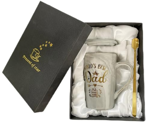 MBSM Father's Day Gift - Daddy Mug, Funny Present for Dad from Kid on His Birthday, 14Oz Marble Ceramic Coffee Cup (World's Best Dad-Gray)