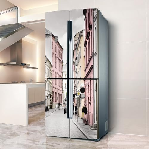 Fridge Wraps Kitchen Fridge Stickers Cover Full Doors, Fridge Sticker Full Covering Door Fridge Covers Skins Wall Stickers for Kitchen Decal, Praggage Street Landscape Pink