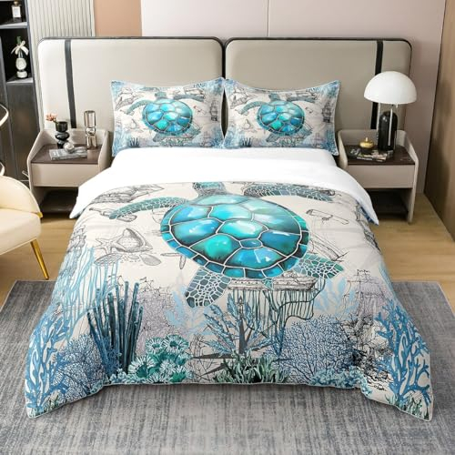 100% Baumwolle Seeschildkröte Bettwäsche Set 135x200 Türkis Schildkröte Komfortbezug Ozean Tier Bettbezug Nautische Antike Stil Bett Set mit 1 Kissenbezug,Grau Blau Weich Warm