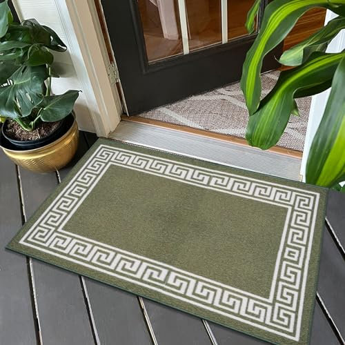 Fit Even Greeky Door Mat – Non-Slip Washable Doormat, Heavy Duty Welcome Dirt Trapper, Water Absorbent Floor Mat for Indoor/Outdoor Use, Front Entrance, and Kitchen (Green & Cream, 50x80 cm)