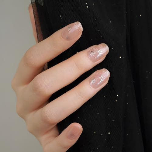 DANNI & TONI Semi Cured Nail Strips,Star&Sun Silver Stamping Soft Self-Adhesive Gel Nail Stickers,Cat Eye Salon-Quality Gel Nail Polish Strips Manicure Stickers Set(Starlight Mythology),