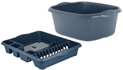 M1SS Set of Large Dish Drainer Tray Plate Rack Draining Board Stand With 39cm Rectangular Washing Up Bowl Plastic Kitchen Organiser Sink Holder (Navy Blue)